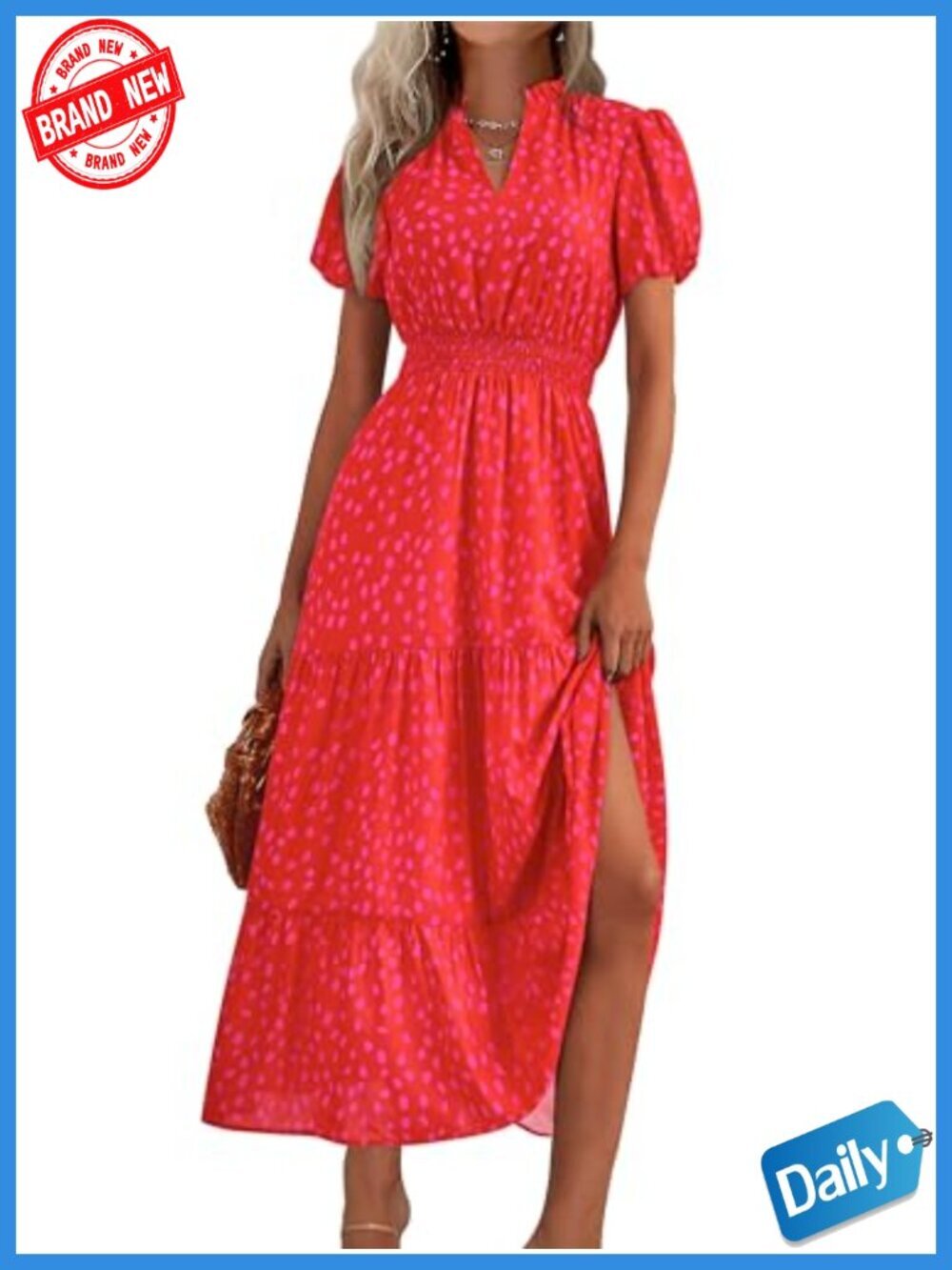 Bohemian V-Neck Puff Sleeve Smocked Waist Maxi Dress with Pockets